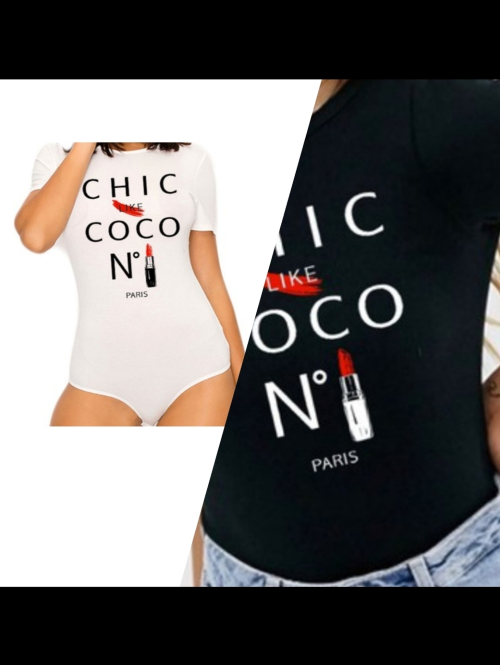 Chic Coco Paris Graphic Bodysuit -  Black